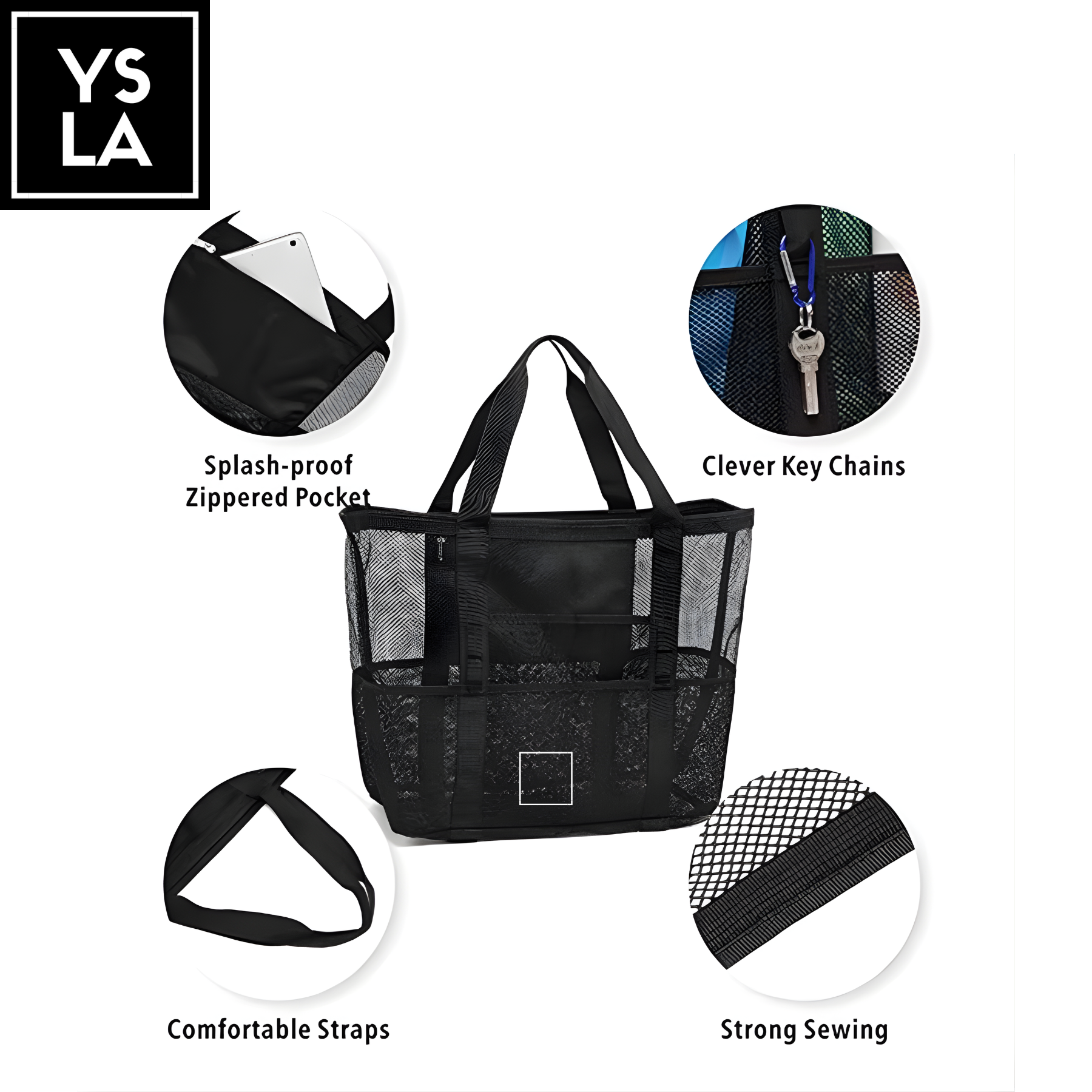 Satchel Foldable Waterproof Polyester Mesh Beach Bag with Mini Pockets