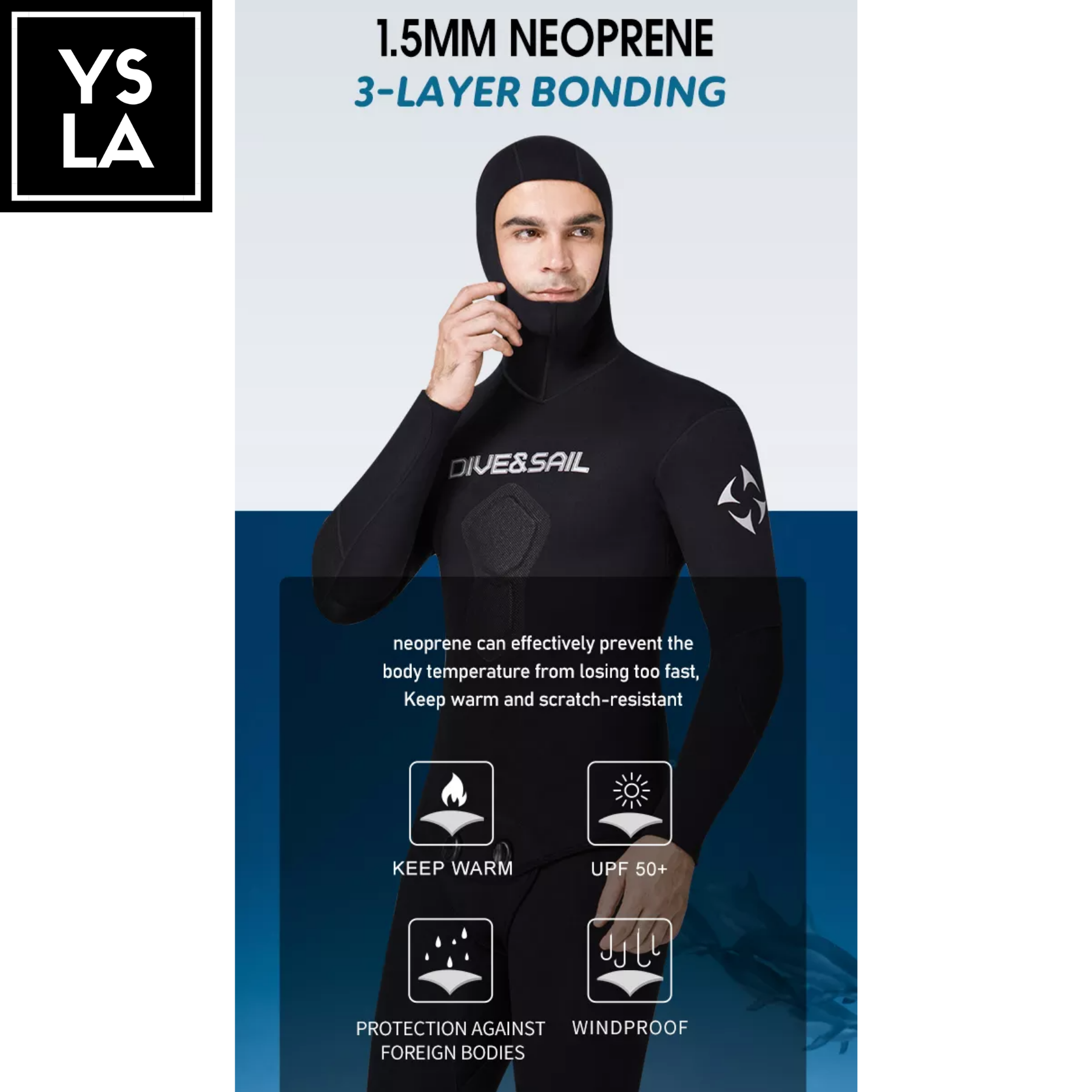 Trahe Dive and Sail 2piece Hooded Wetsuit 1.5mm Neoprene for Freedive Spearfishing Scuba Diving