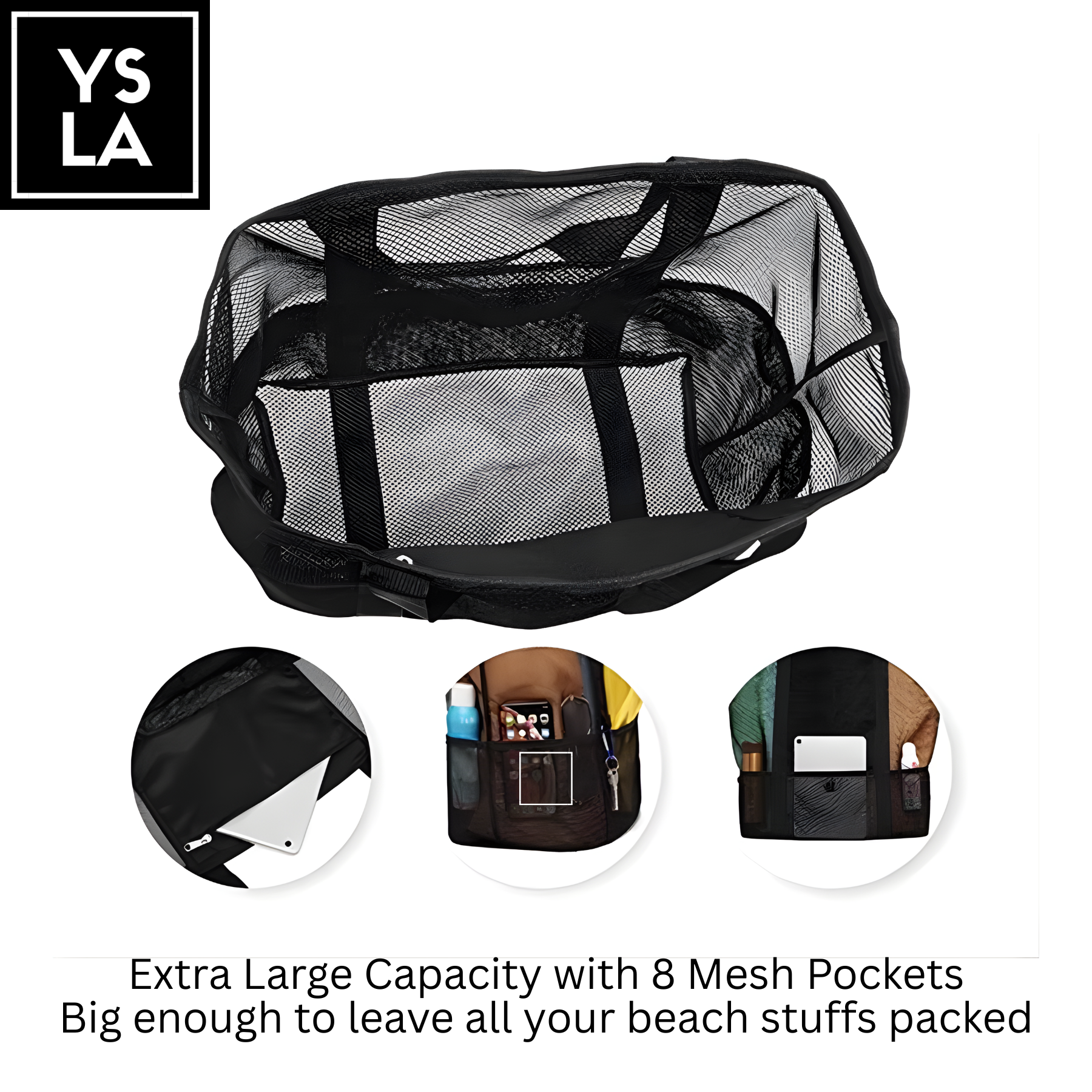 Satchel Foldable Waterproof Polyester Mesh Beach Bag with Mini Pockets