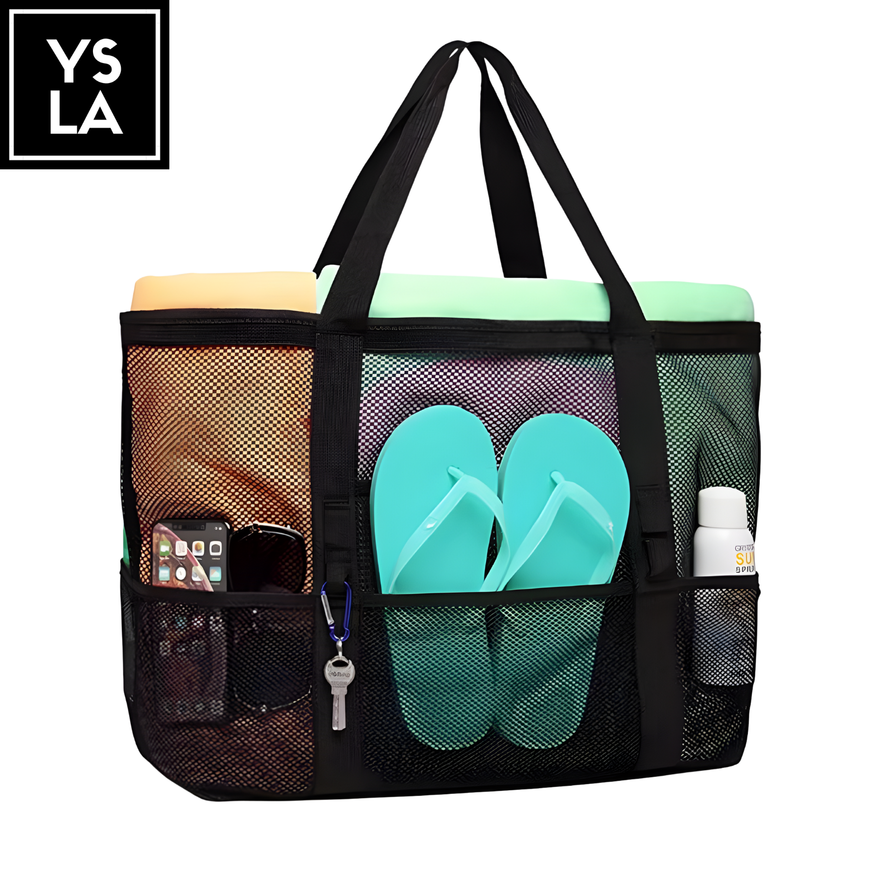 Satchel Foldable Waterproof Polyester Mesh Beach Bag with Mini Pockets