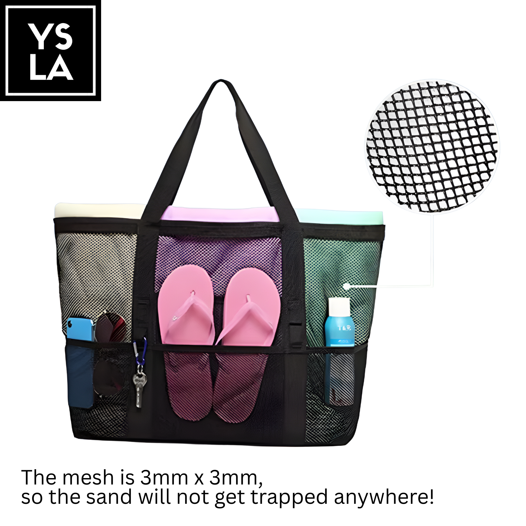 Satchel Foldable Waterproof Polyester Mesh Beach Bag with Mini Pockets