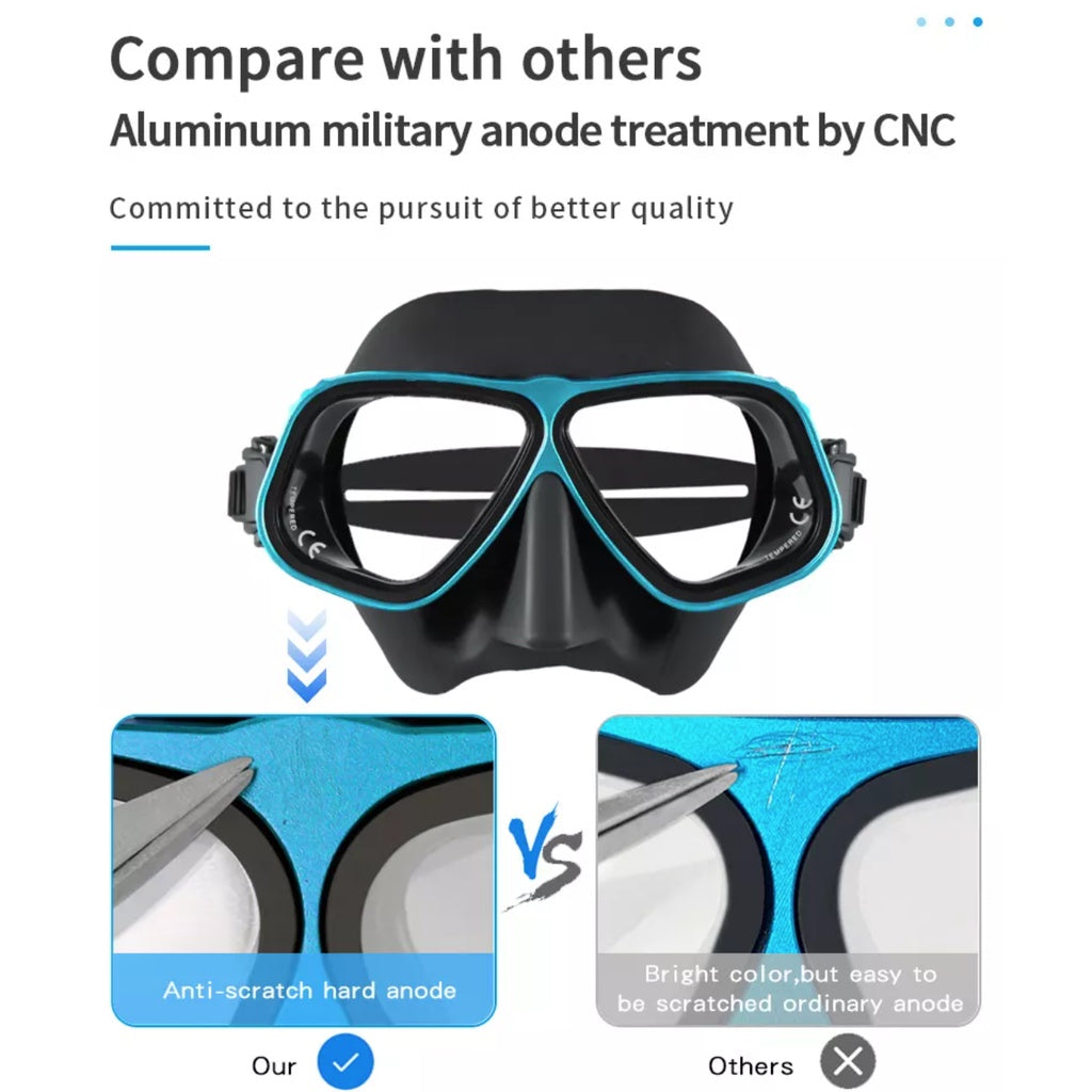 Solid Color Aluminum Frame Tempered Glass Low Volume Freediving Mask Set